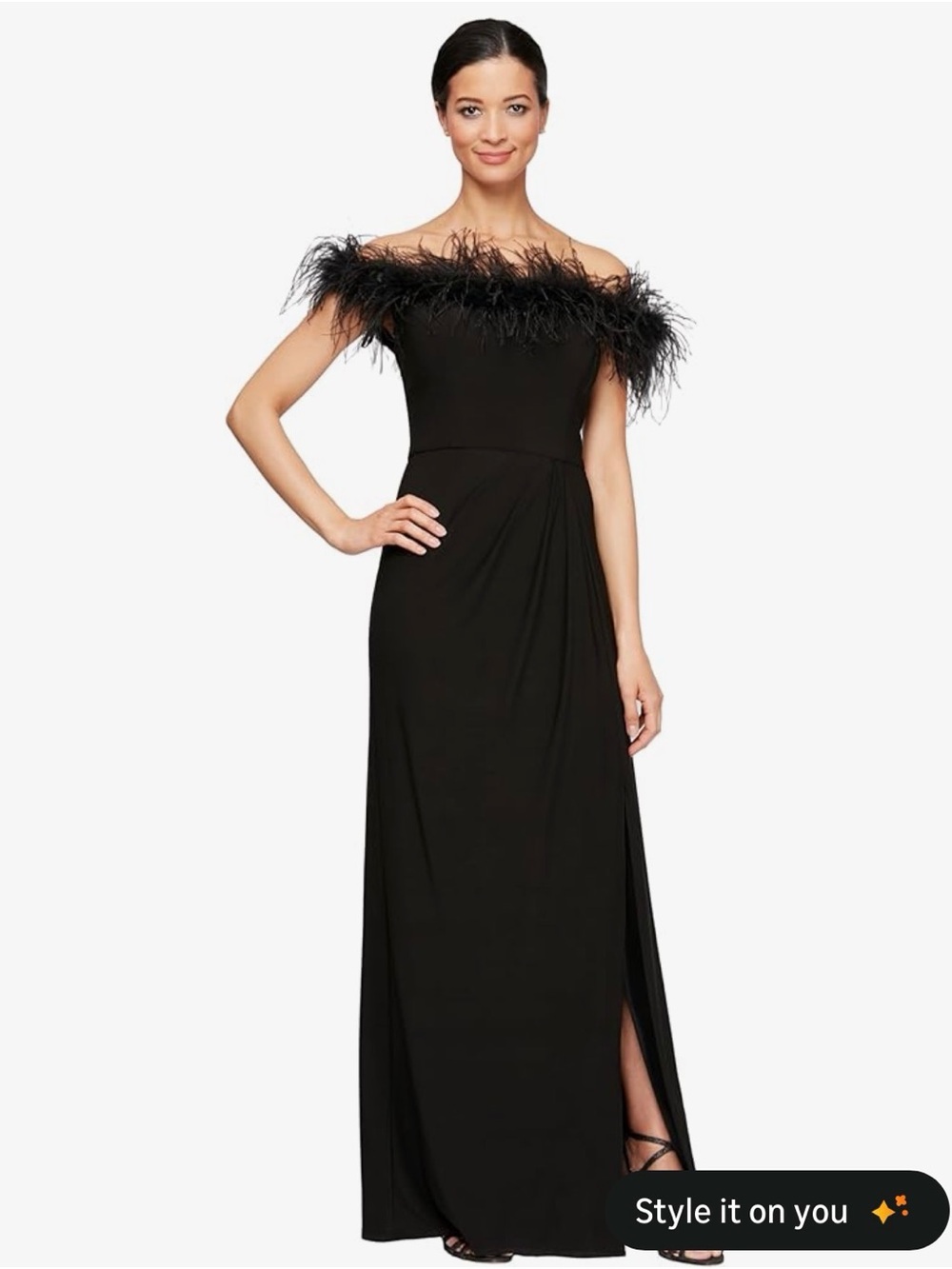 Alex Evenings Black Off-Shoulder Feather Trim Maxi Gown